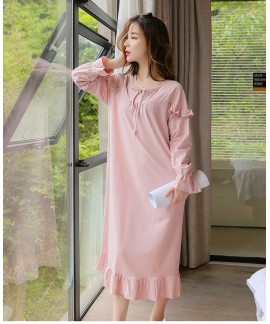 Pink Sweet Flounce Womens Cotton Nightdress Long Sleeve Spring Autumn Winter Sleepwear Casual Pullover Women Lace Nightwear Robe