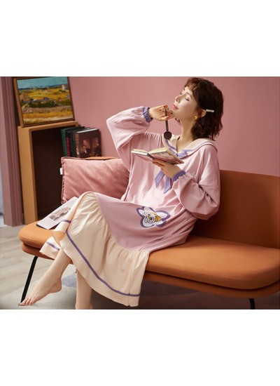 Nightdress Female Cartoon Print Bow Spring Autumn Pure Cotton Long-sleeved Korean Pajamas Wholesale