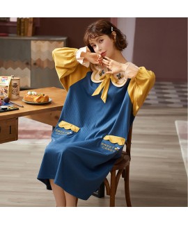 Nightdress Female Cartoon Print Bow Spring Autumn Pure Cotton Long-sleeved Korean Pajamas Wholesale