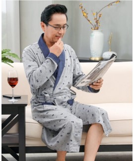 Men Casual Kimono Print Bathrobe Long Cotton Nghtg...