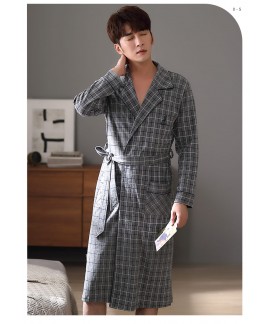 Gray plaid long robe spring and autumn cotton men'...