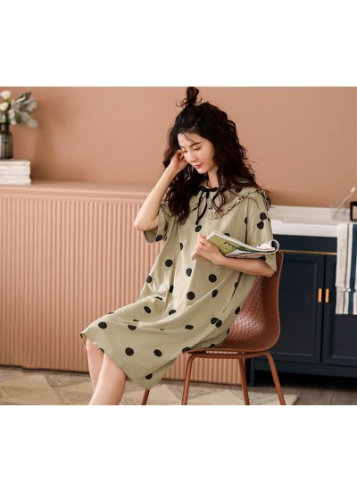 Korean Cute Dot Print Summer 100% Cotton Nightdress Women Mid-length Sleeves Sweet Nightwear