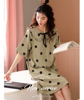 Korean Cute Dot Print Summer 100% Cotton Nightdress Women Mid-length Sleeves Sweet Nightwear