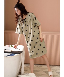 Korean Cute Dot Print Summer 100% Cotton Nightdress Women Mid-length Sleeves Sweet Nightwear