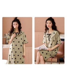 Korean Cute Dot Print Summer 100% Cotton Nightdress Women Mid-length Sleeves Sweet Nightwear