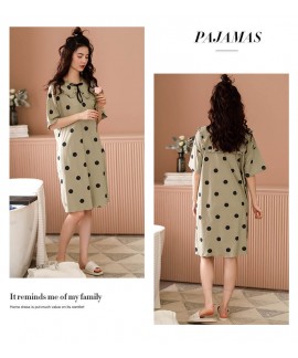 Korean Cute Dot Print Summer 100% Cotton Nightdress Women Mid-length Sleeves Sweet Nightwear