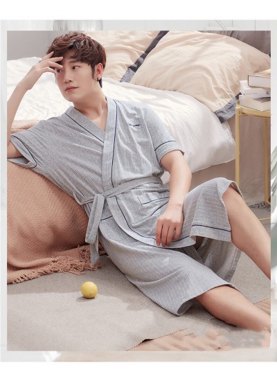 Striped Robe Men Short Sleeve Summer 100% Cotton mens pyjamas V-neck Sexy Dressing Gown With Pocket Wholesale and Retail