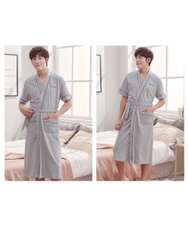 Striped Robe Men Short Sleeve Summer 100% Cotton mens pyjamas V-neck Sexy Dressing Gown With Pocket Wholesale and Retail