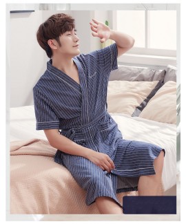 Striped Robe Men Short Sleeve Summer 100% Cotton mens pyjamas V-neck Sexy Dressing Gown With Pocket Wholesale and Retail