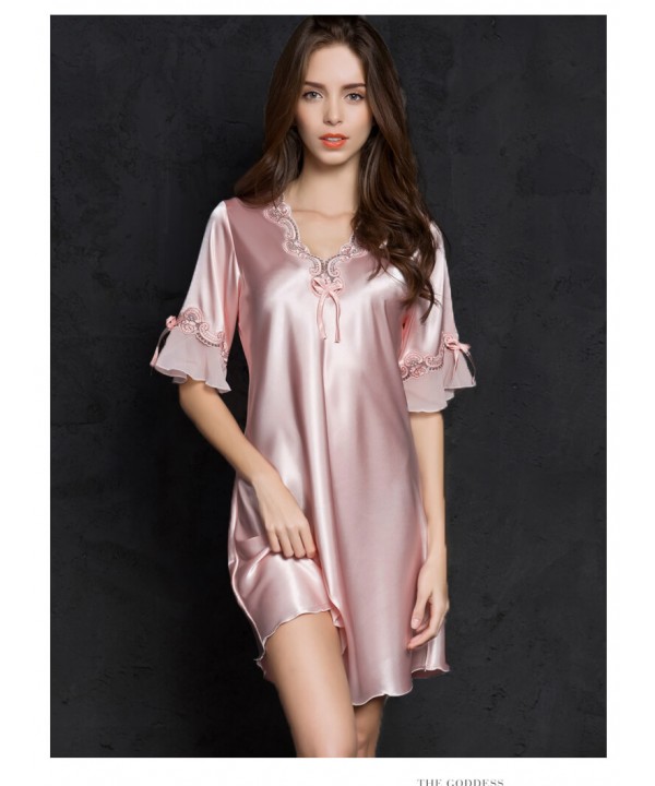 Sexy Women Silk Satin Sleepwear Half Sleeve Embroidery Nightdress 