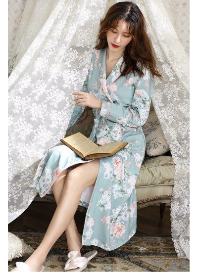 Womens 100% Cotton Nightgown Flower Print Robe V Neck Pockets Oversized Loose Long Spring Autumn Pajama Wholesale and Retail