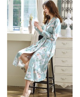 Womens 100% Cotton Nightgown Flower Print Robe V Neck Pockets Oversized Loose Long Spring Autumn Pajama Wholesale and Retail