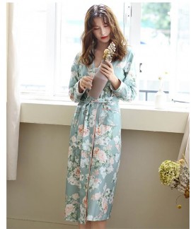 Womens 100% Cotton Nightgown Flower Print Robe V Neck Pockets Oversized Loose Long Spring Autumn Pajama Wholesale and Retail