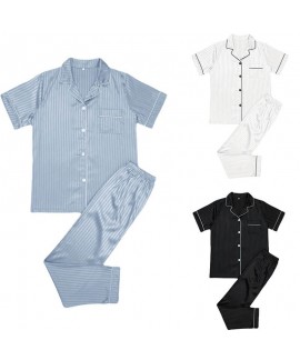 Striped imitation silk short sleeved long pants pajama set for men wholesale and retail