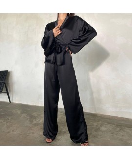 Black Casual Loose Solid Color Cardigan Lace Up Silk Women's Pajama Set