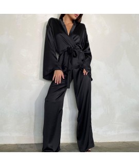 Black Casual Loose Solid Color Cardigan Lace Up Silk Women's Pajama Set