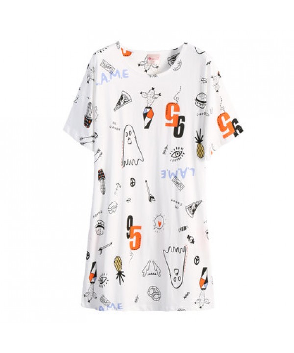 Cotton Pajamas Womens Short Sleeved Nightgown Cartoon Print Short