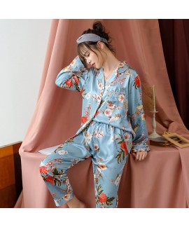 long-sleeved New printed cardigan silk-like pajama...
