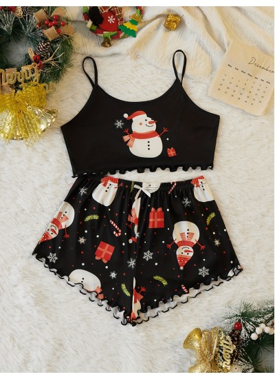 Crew Neck Cami Christmas Snowman Print women Pajama Set