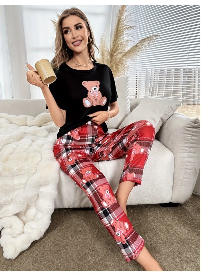 Short Sleeve Crew Neck Cartoon Bear Print ladies Pajama Set