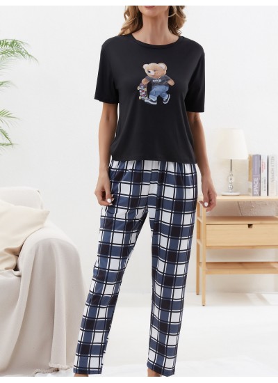 Short Sleeve Crew Neck Cartoon Bear Print women Pajama Set