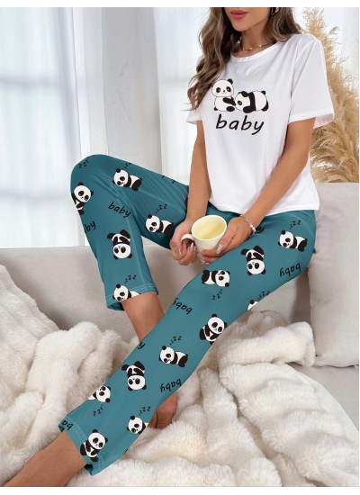 Short Sleeve Crew Neck Cartoon Panda Print women Pajama Set