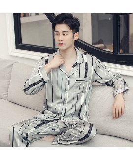 plus size Ice silk sleepwear long sleeve simulation silk pajama sets for men