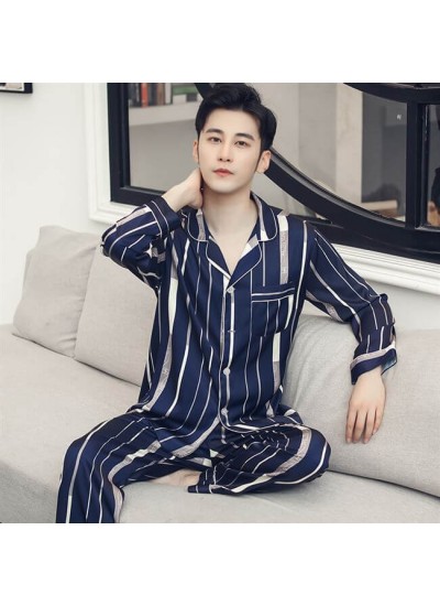 plus size Ice silk sleepwear long sleeve simulation silk pajama sets for men