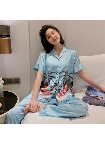 Two pieces short sleeve ice silk sleepwear sets