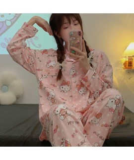 Hello Kitty pajamas women's cute cotton long-sleeved cartoon two-piece cotton sleepwear