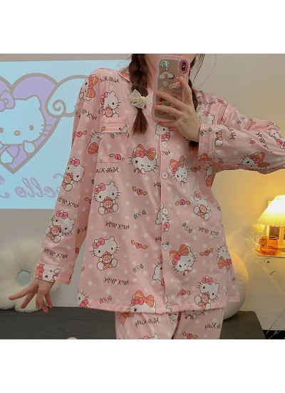 Hello Kitty pajamas women's cute cotton long-sleeved cartoon two-piece cotton sleepwear