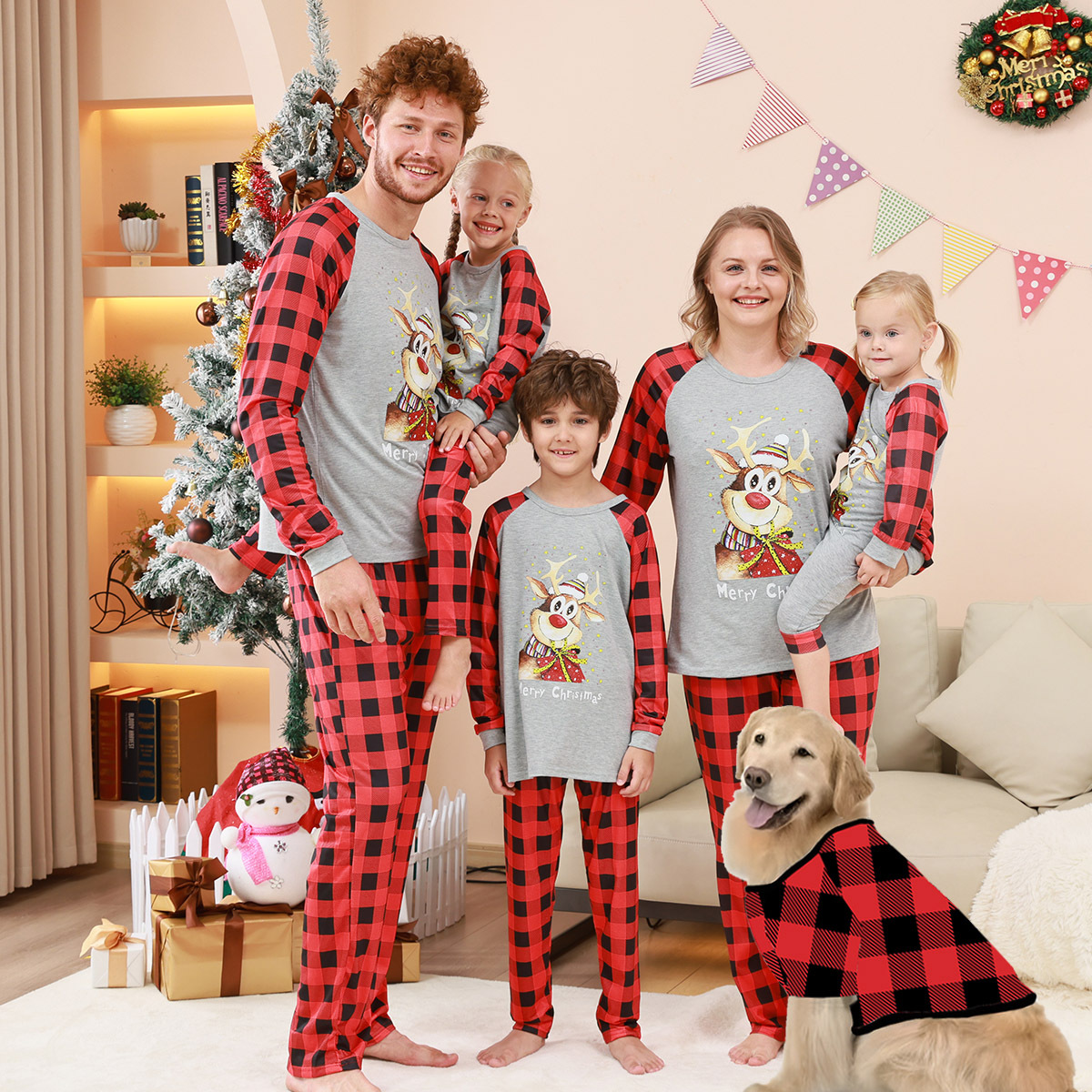 Merry Christmas Reindeer Family Pajama Set – Plaid Patchwork Parent-Child Loungewear