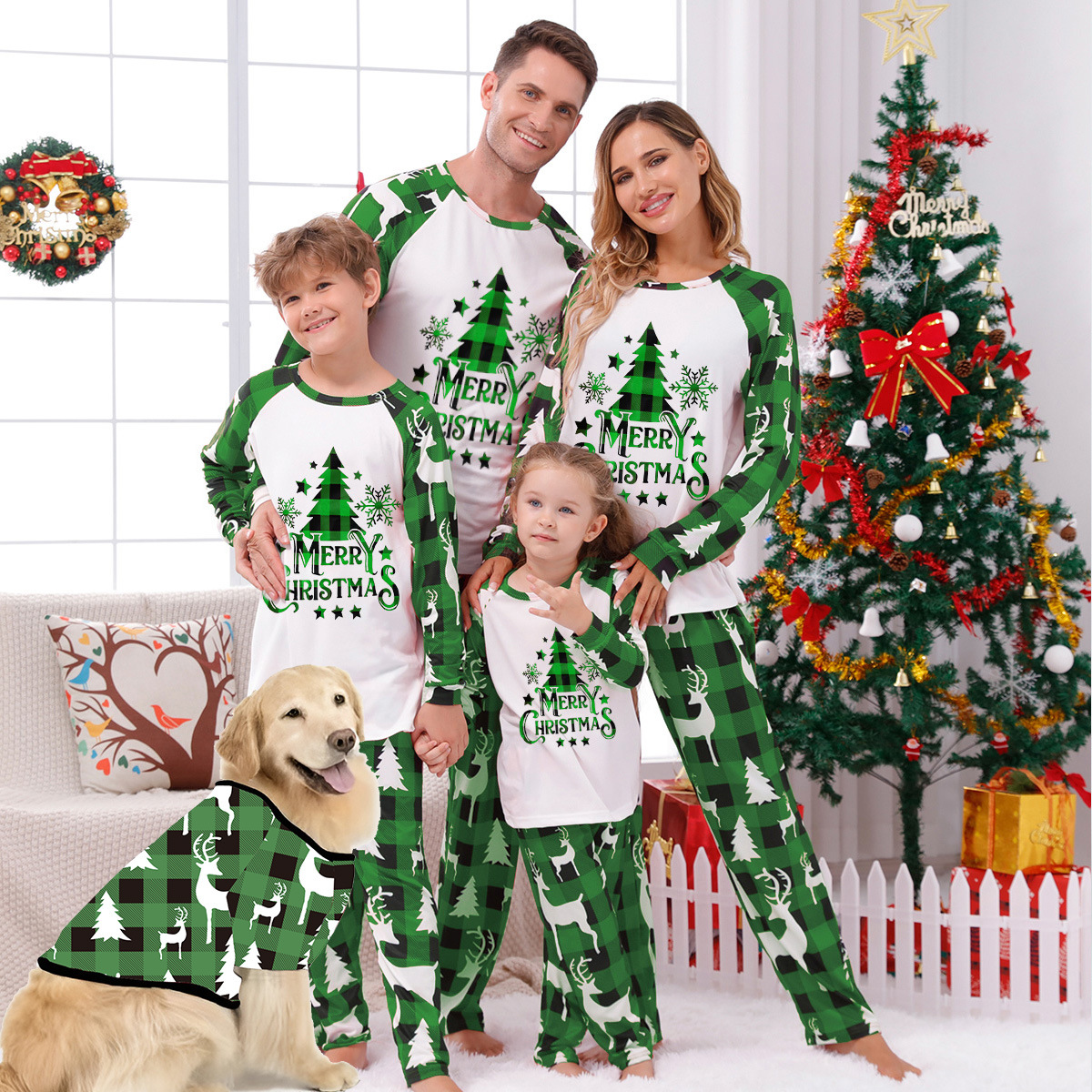 Christmas Tree & Reindeer Family Pajama Set – Plaid Patchwork Matching Loungewear for Parents and Kids