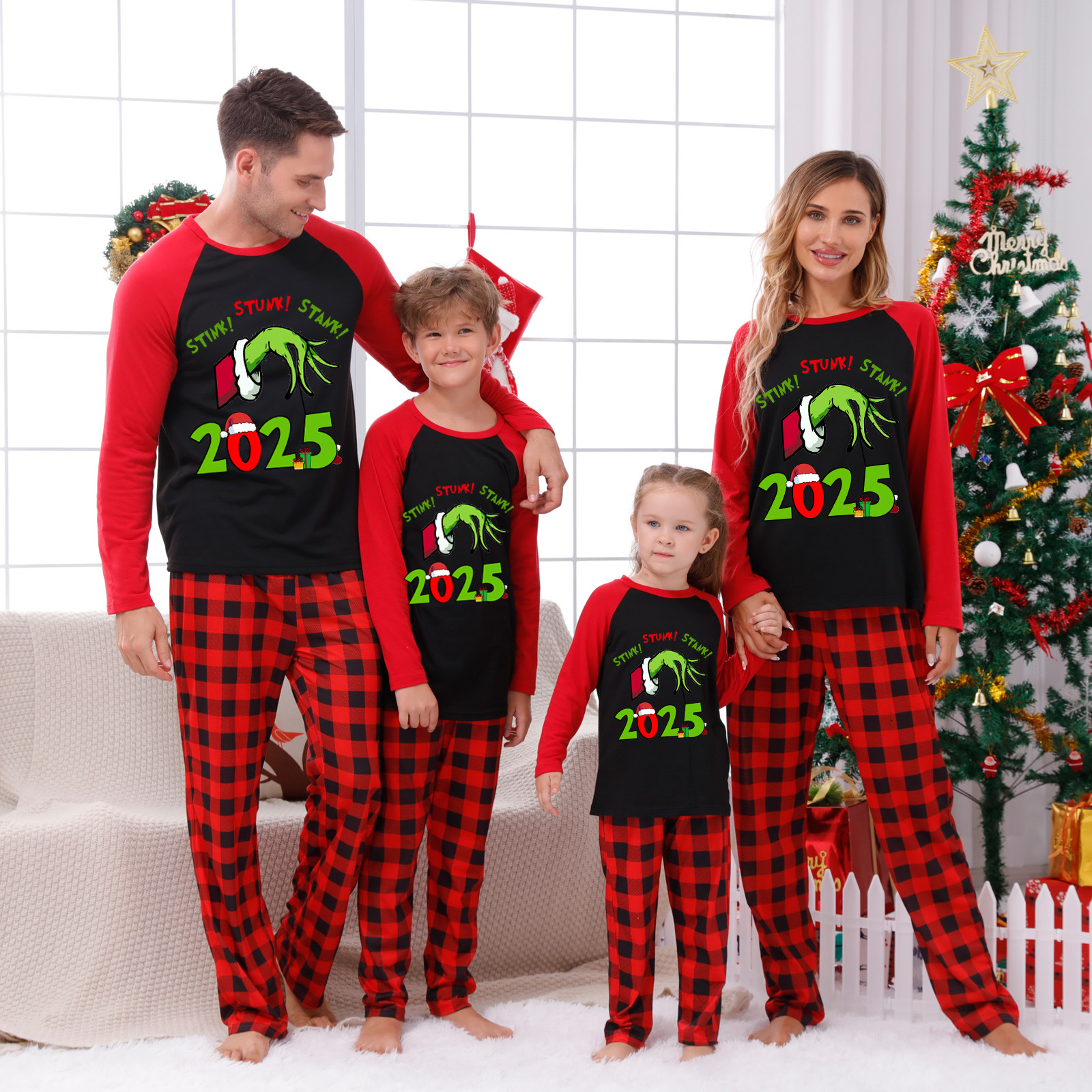 Christmas Crew Family Pajama Set – Plaid Patchwork Print Parent-Child Christmas Loungewear